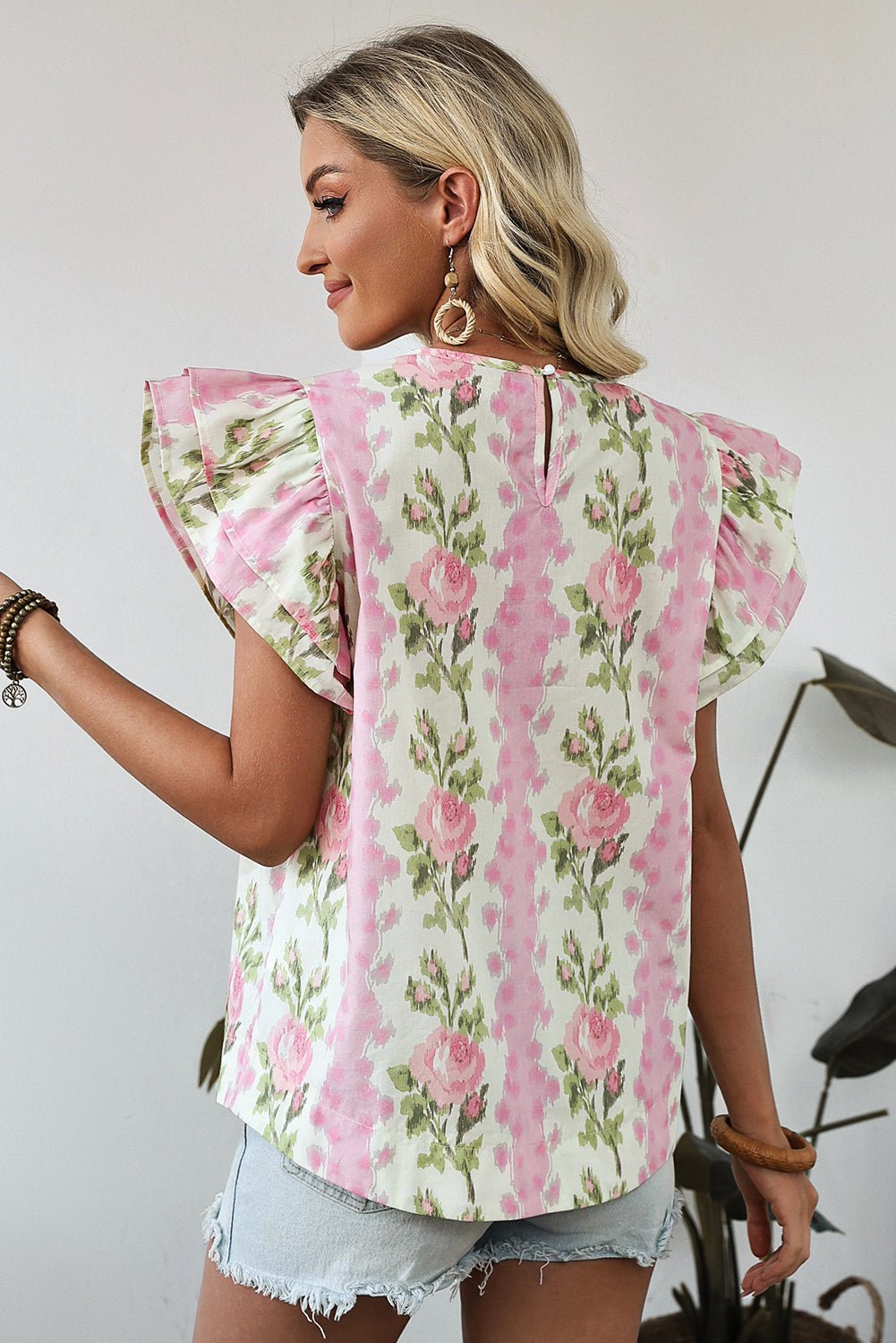 Pink Floral Print Layered Ruffle Sleeve Summer Top - MAD RUFFI