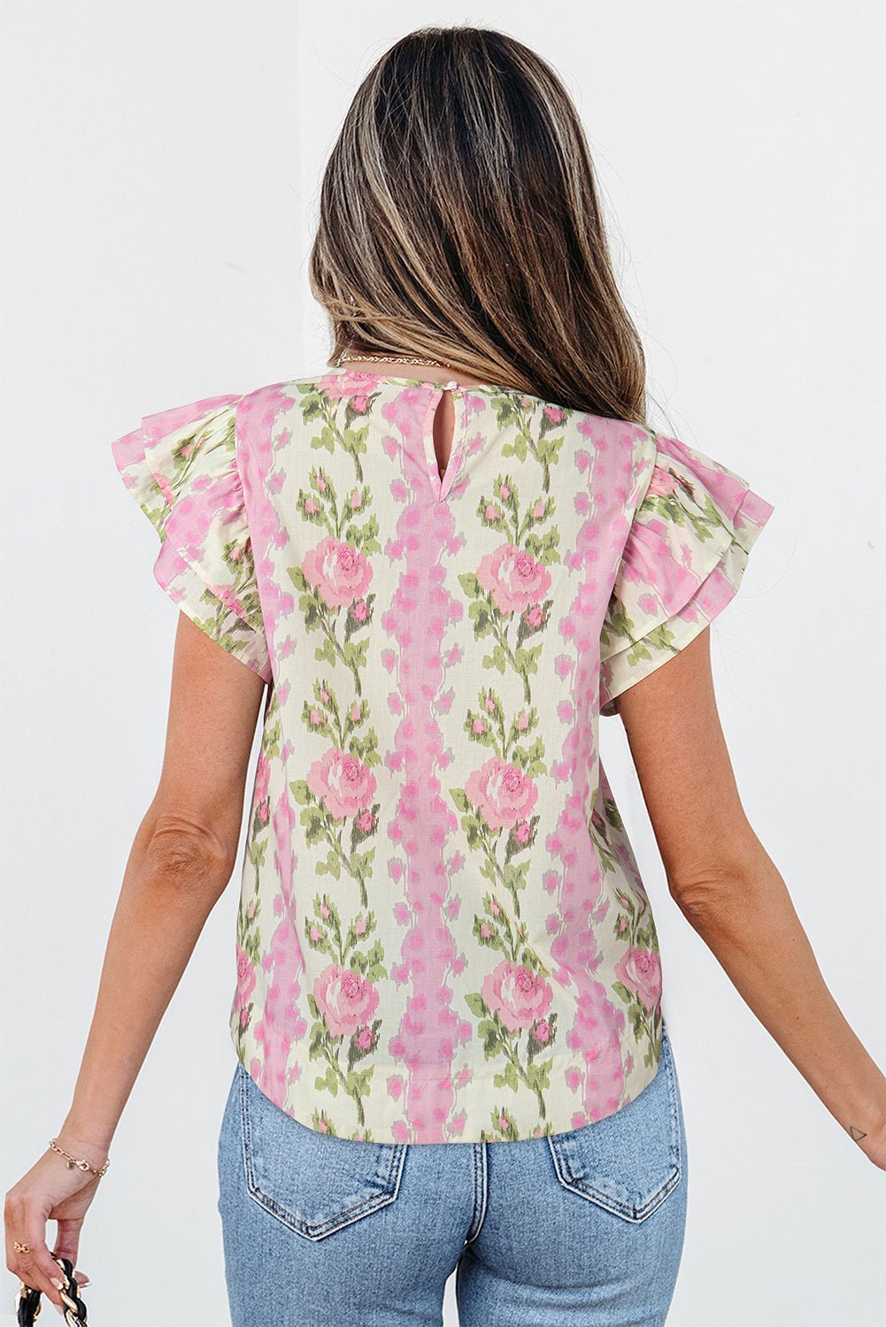Pink Floral Print Layered Ruffle Sleeve Summer Top - MAD RUFFI