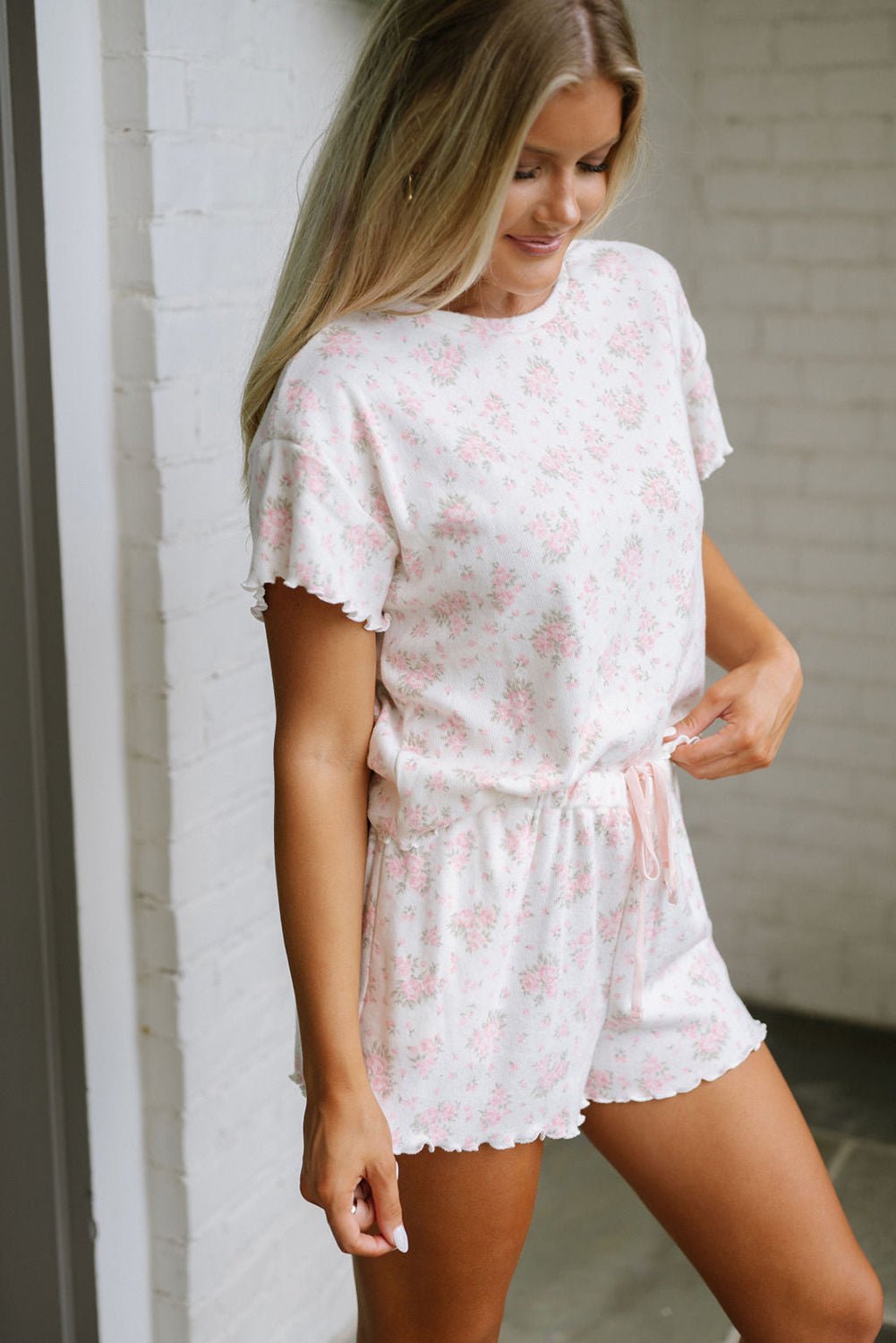 Pink Floral Print Lettuce Trim Tee and Shorts Pajama Set - MAD RUFFI