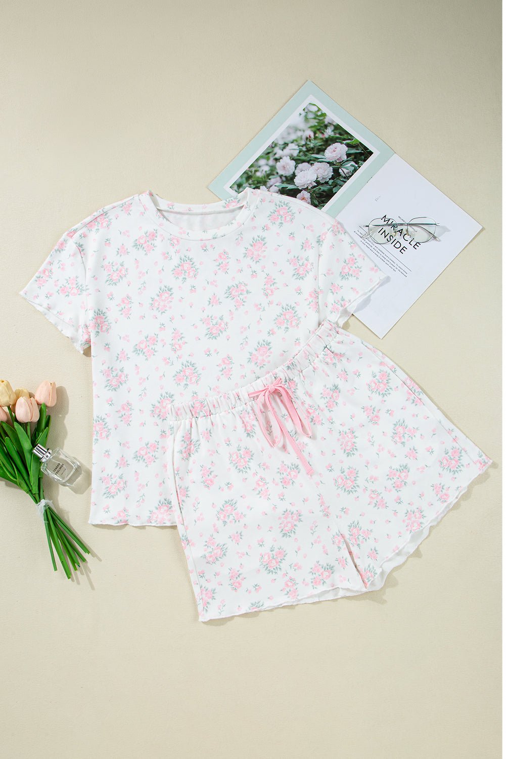 Pink Floral Print Lettuce Trim Tee and Shorts Pajama Set - MAD RUFFI
