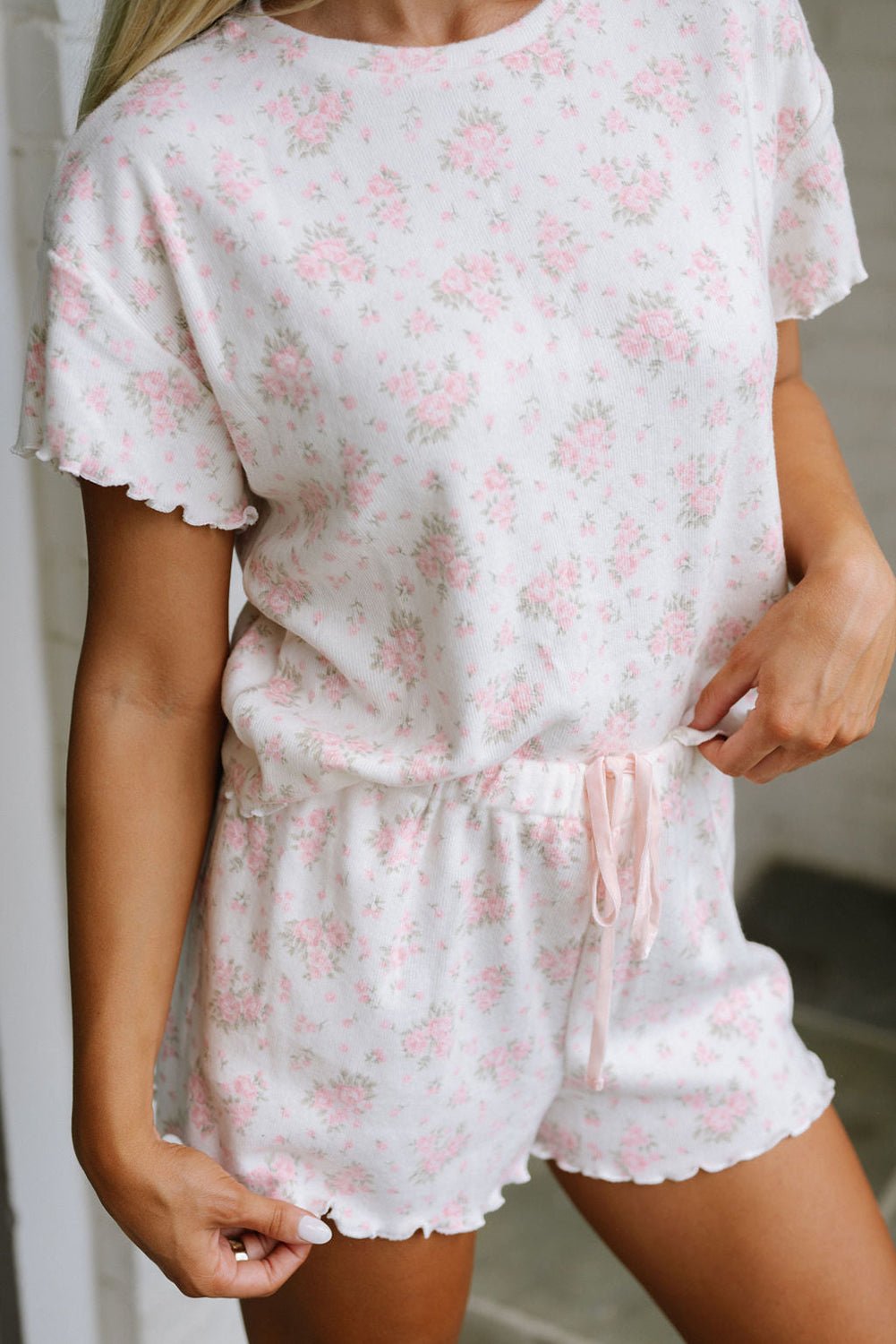 Pink Floral Print Lettuce Trim Tee and Shorts Pajama Set - MAD RUFFI
