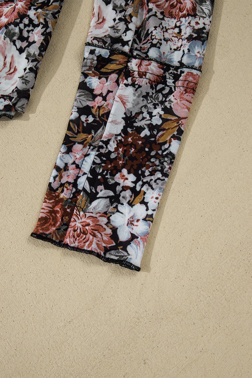 Pink Floral Print Mesh Mock Neck Slim Blouse - MAD RUFFI