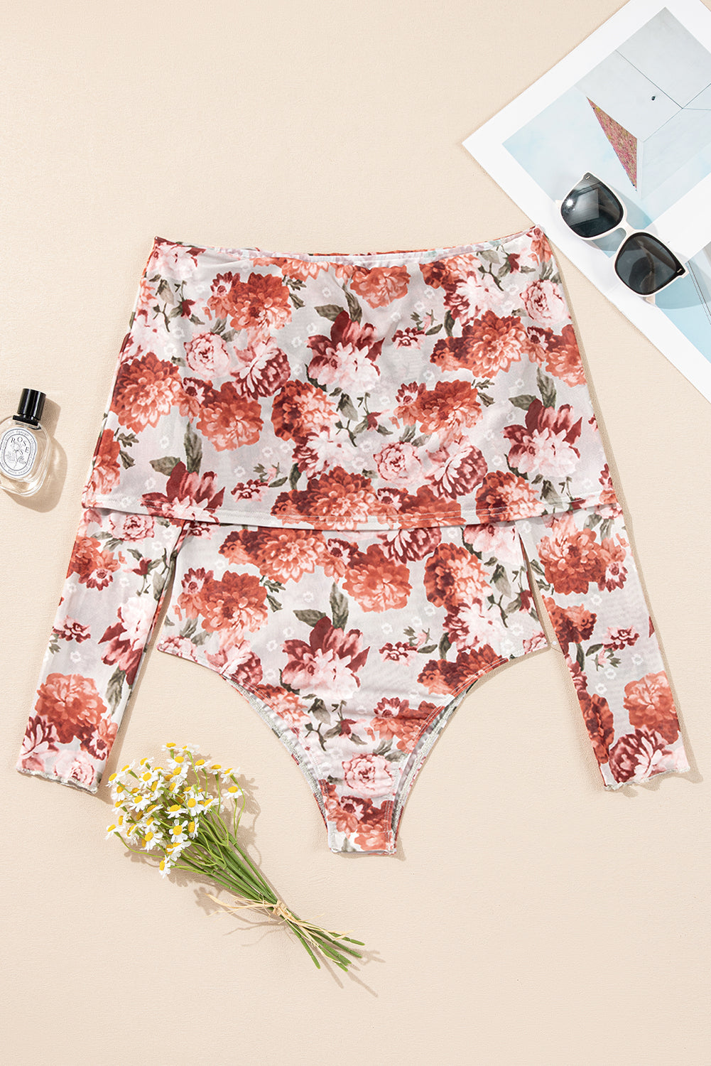 Pink Floral Print Overlay Long Sleeve Bodysuit - Bodysuit