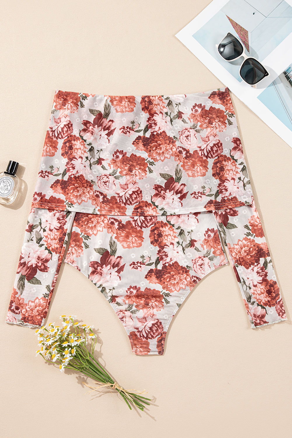 Pink Floral Print Overlay Long Sleeve Bodysuit - Bodysuit