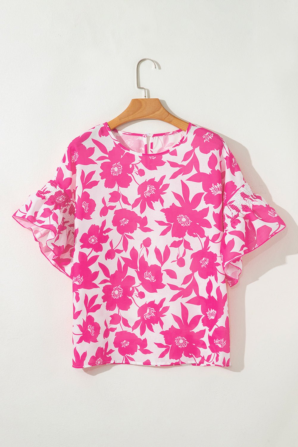 Pink Floral Print Ruffle Short Sleeve Loose Blouse - MAD RUFFI