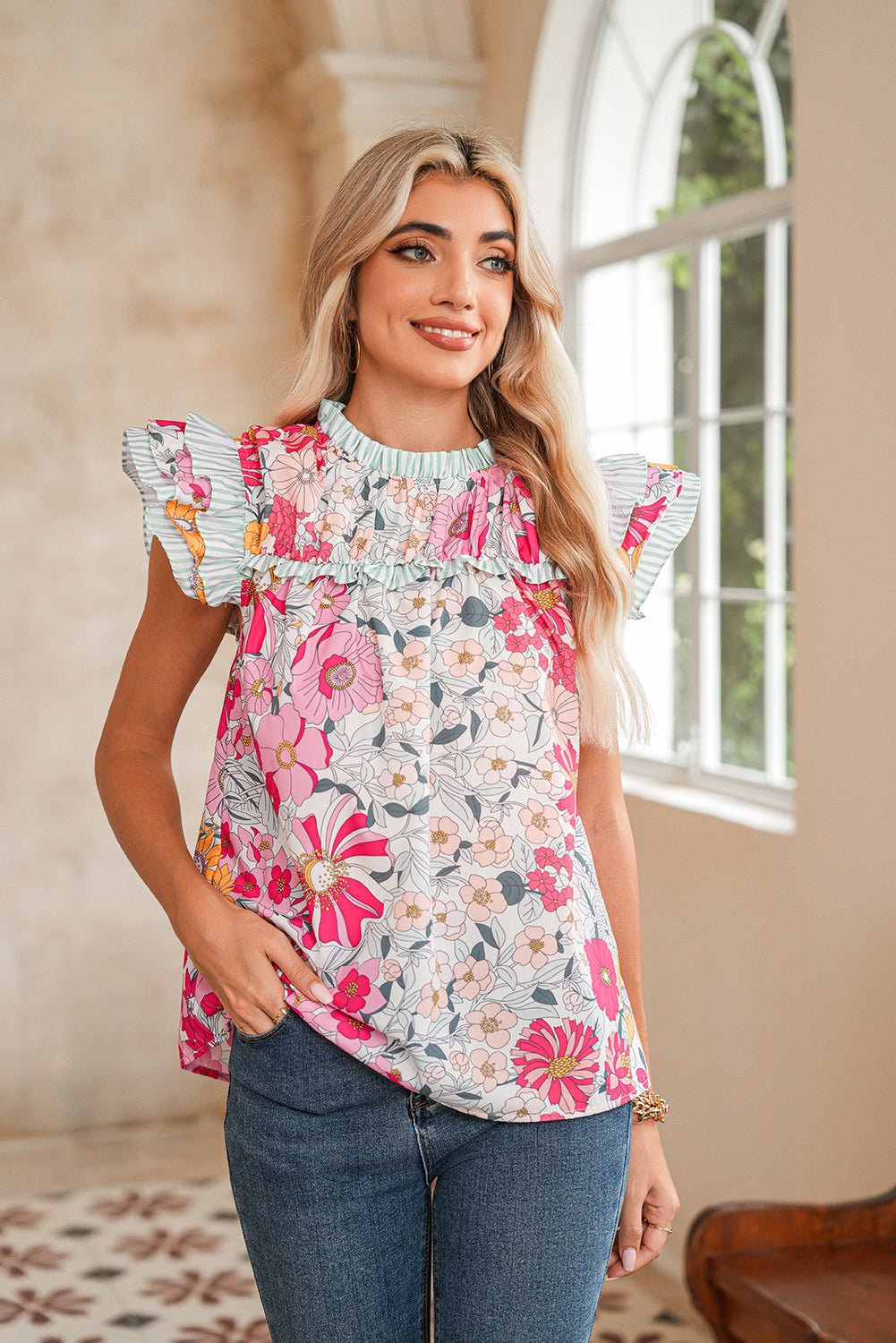 Pink Floral Print Ruffle Trim Pleated Boho Blouse - MAD RUFFI
