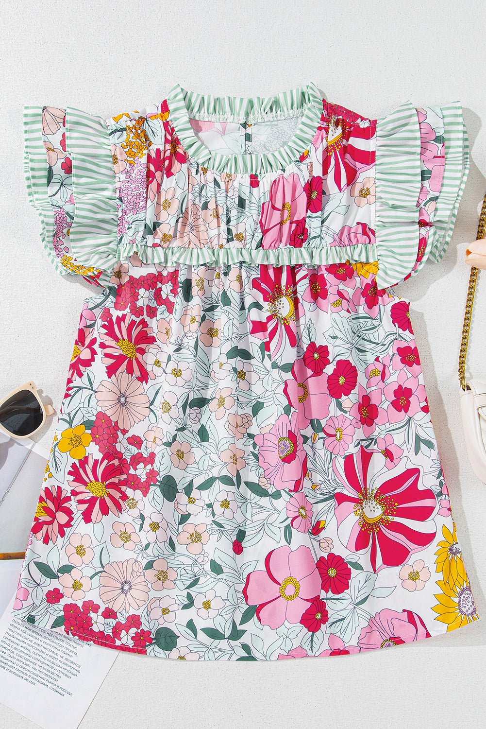 Pink Floral Print Ruffle Trim Pleated Boho Blouse - MAD RUFFI