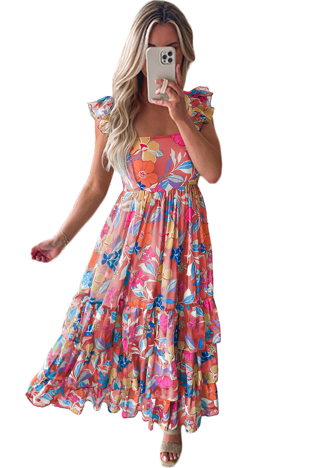 Pink Floral Print Sleeveless Ruffle Tiered Maxi Dress - MAD RUFFI