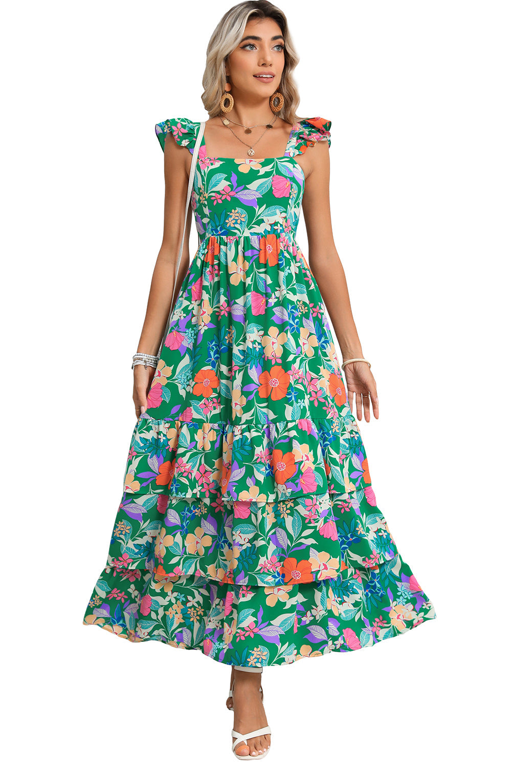 Pink Floral Print Sleeveless Ruffle Tiered Maxi Dress - MAD RUFFI