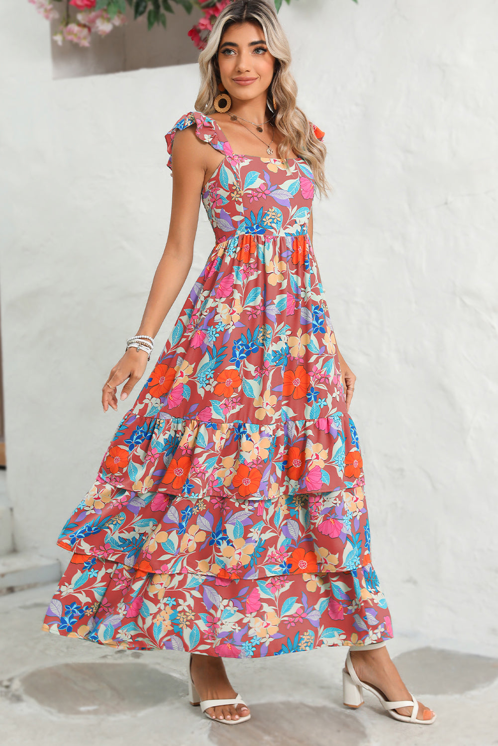 Pink Floral Print Sleeveless Ruffle Tiered Maxi Dress - MAD RUFFI