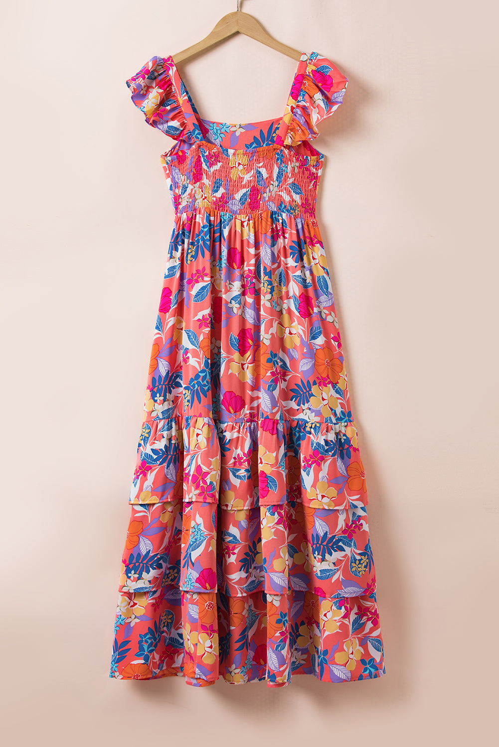 Pink Floral Print Sleeveless Ruffle Tiered Maxi Dress - MAD RUFFI