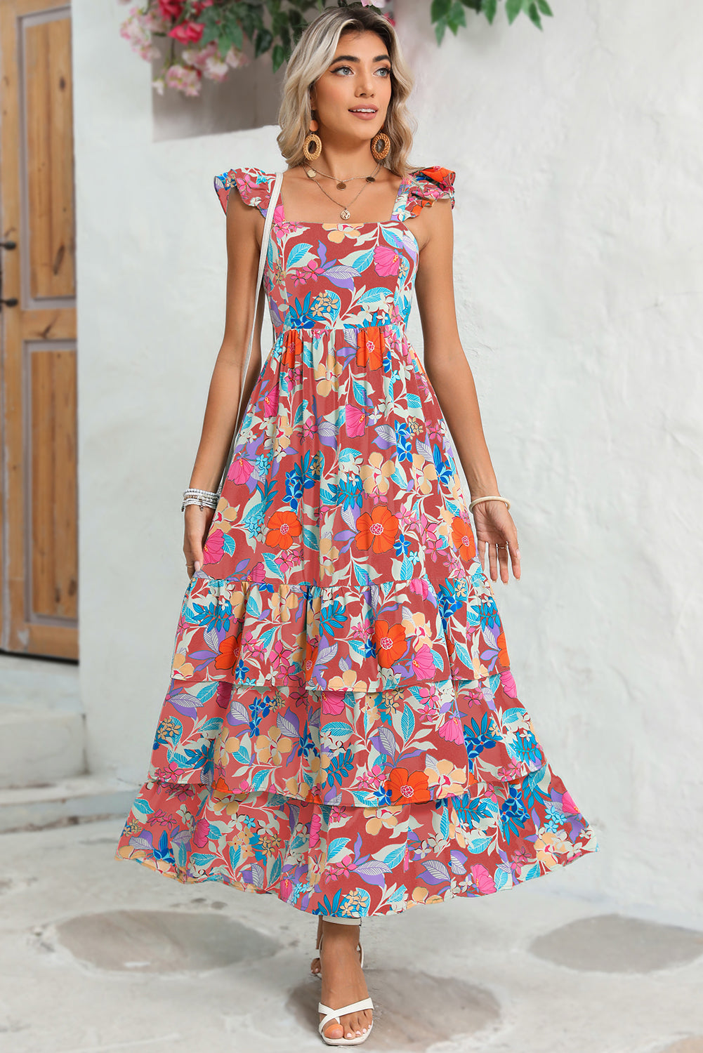 Pink Floral Print Sleeveless Ruffle Tiered Maxi Dress - MAD RUFFI