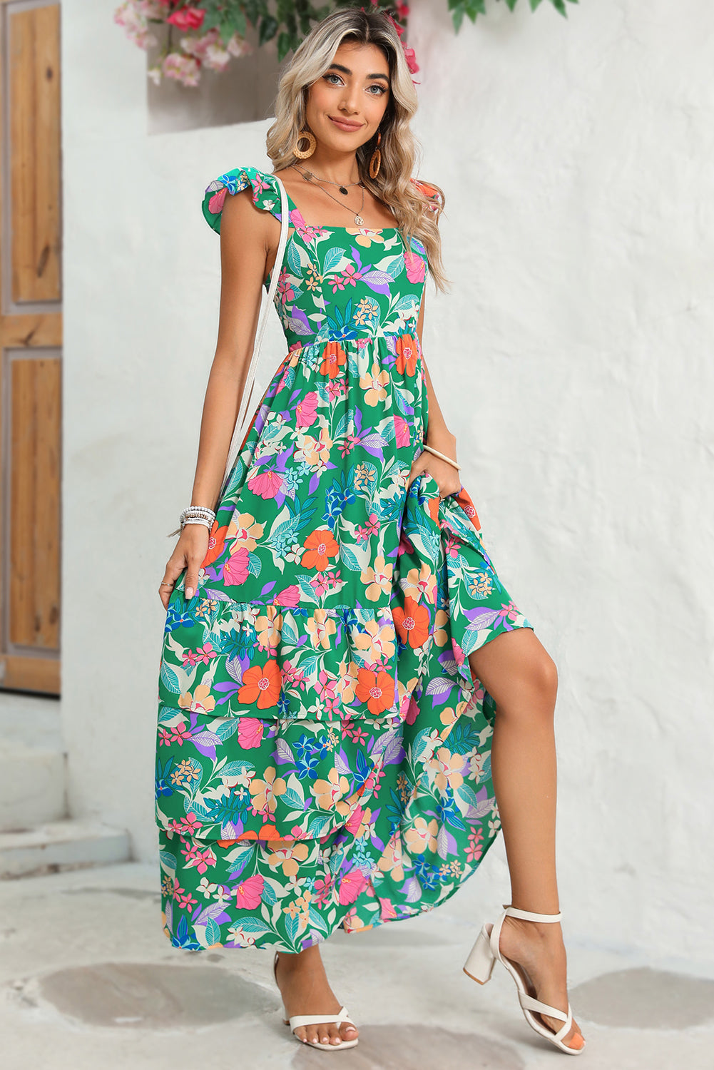 Pink Floral Print Sleeveless Ruffle Tiered Maxi Dress - MAD RUFFI