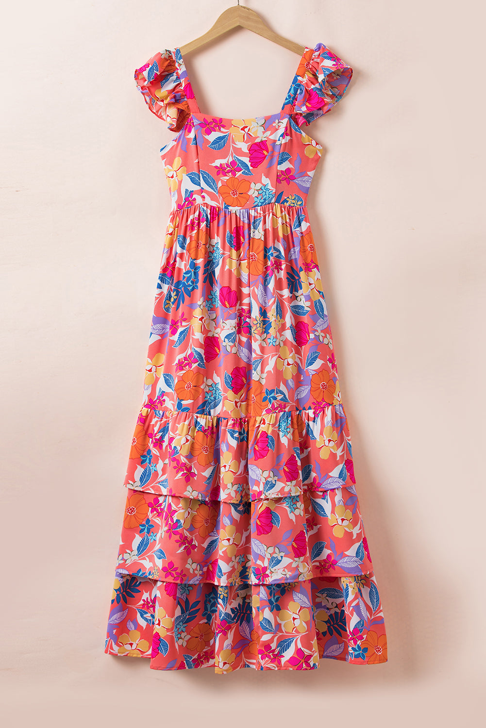 Pink Floral Print Sleeveless Ruffle Tiered Maxi Dress - MAD RUFFI