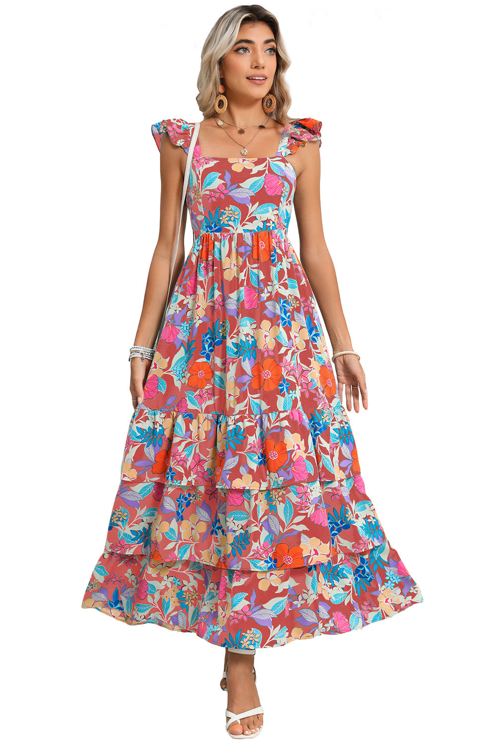 Pink Floral Print Sleeveless Ruffle Tiered Maxi Dress - MAD RUFFI