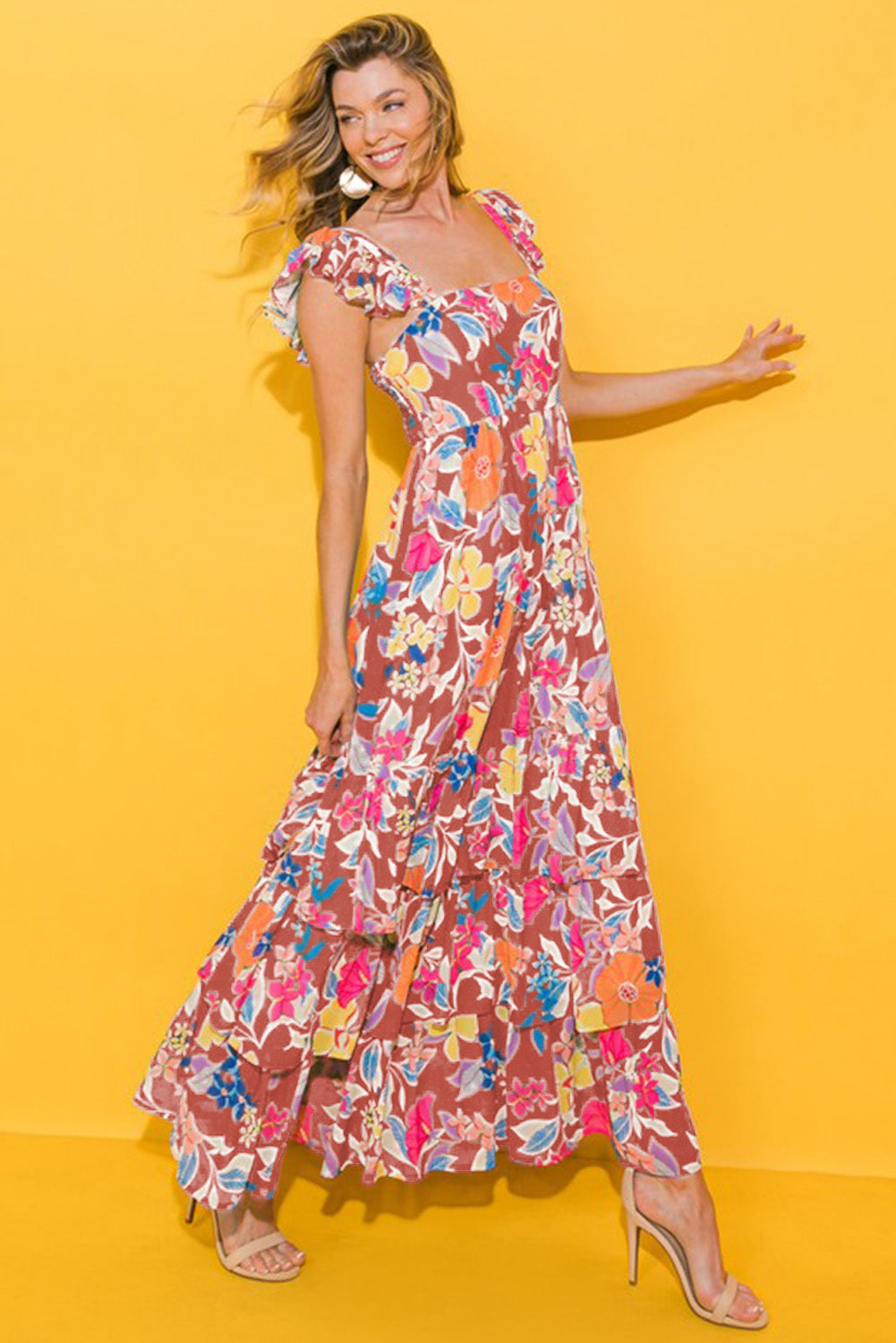 Pink Floral Print Sleeveless Ruffle Tiered Maxi Dress - MAD RUFFI