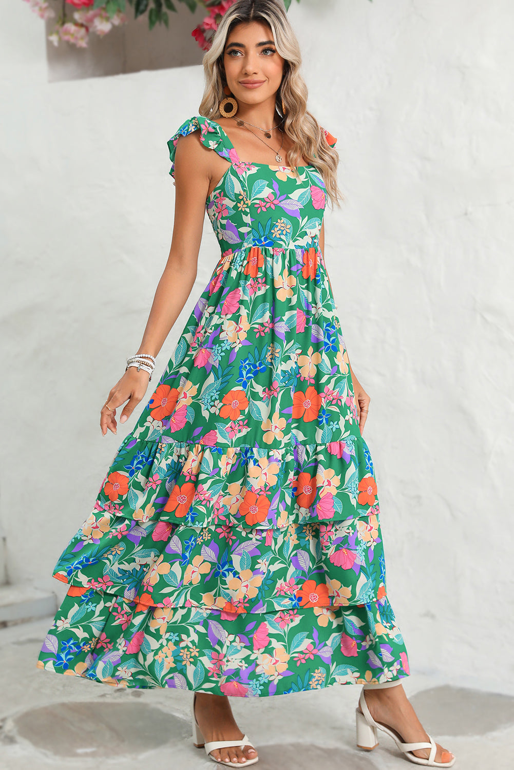 Pink Floral Print Sleeveless Ruffle Tiered Maxi Dress - MAD RUFFI