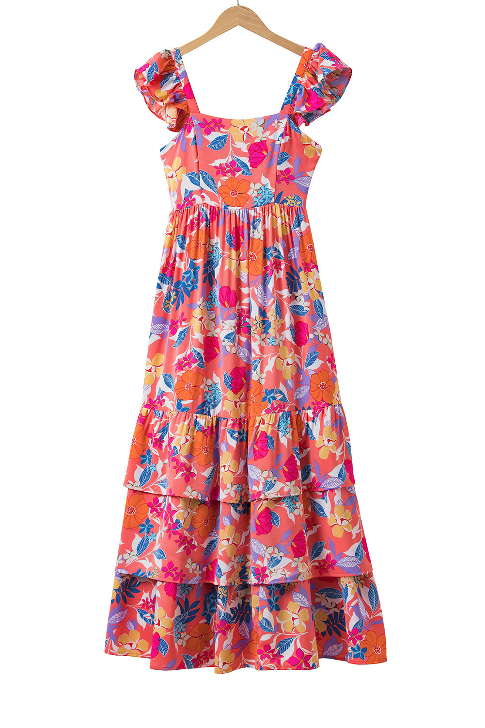 Pink Floral Print Sleeveless Ruffle Tiered Maxi Dress - MAD RUFFI