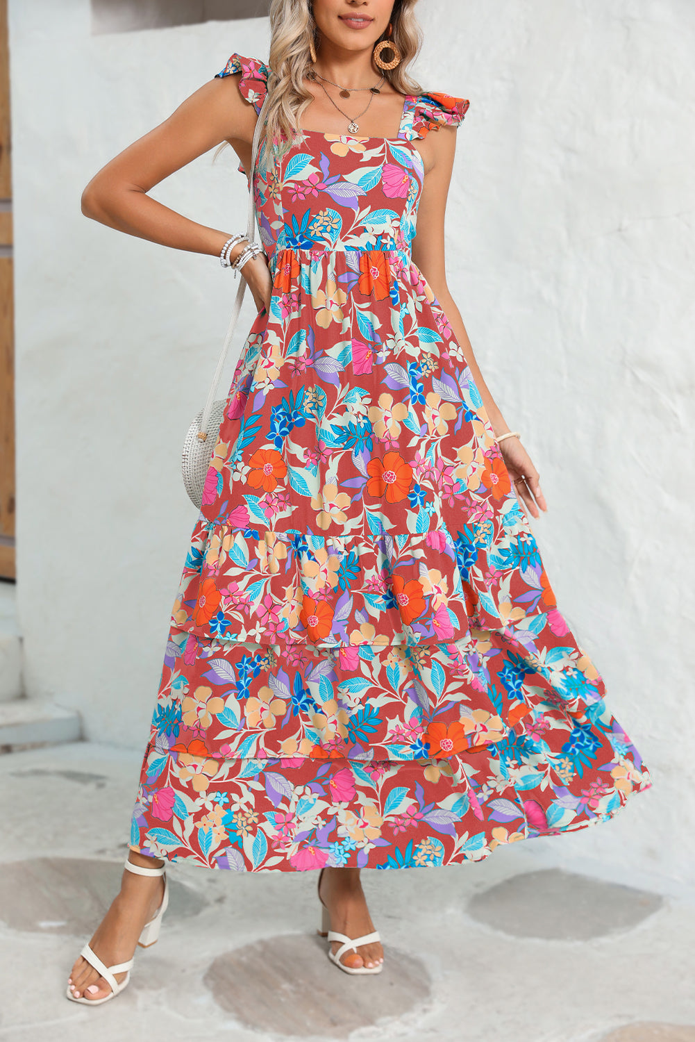 Pink Floral Print Sleeveless Ruffle Tiered Maxi Dress - MAD RUFFI