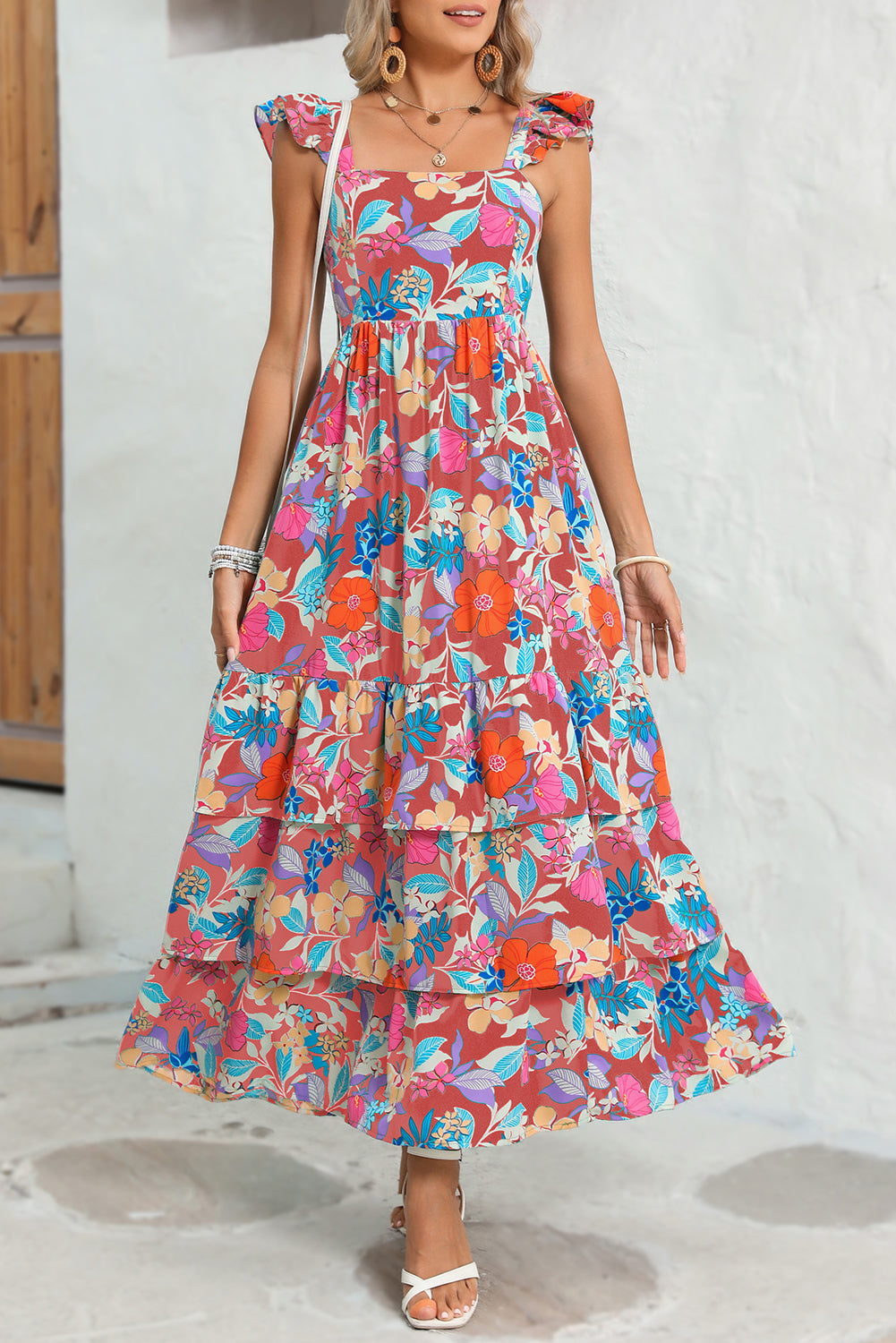 Pink Floral Print Sleeveless Ruffle Tiered Maxi Dress - MAD RUFFI