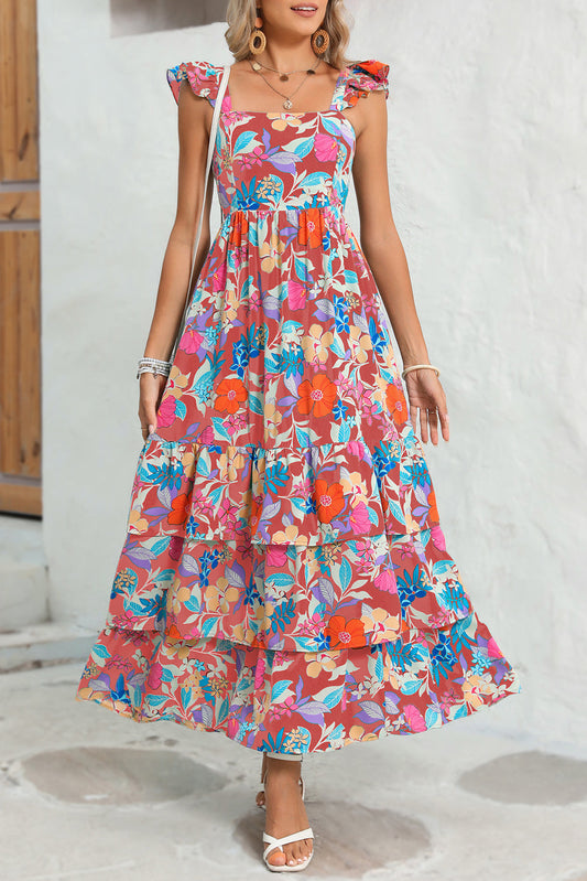 Pink Floral Print Sleeveless Ruffle Tiered Maxi Dress - MAD RUFFI