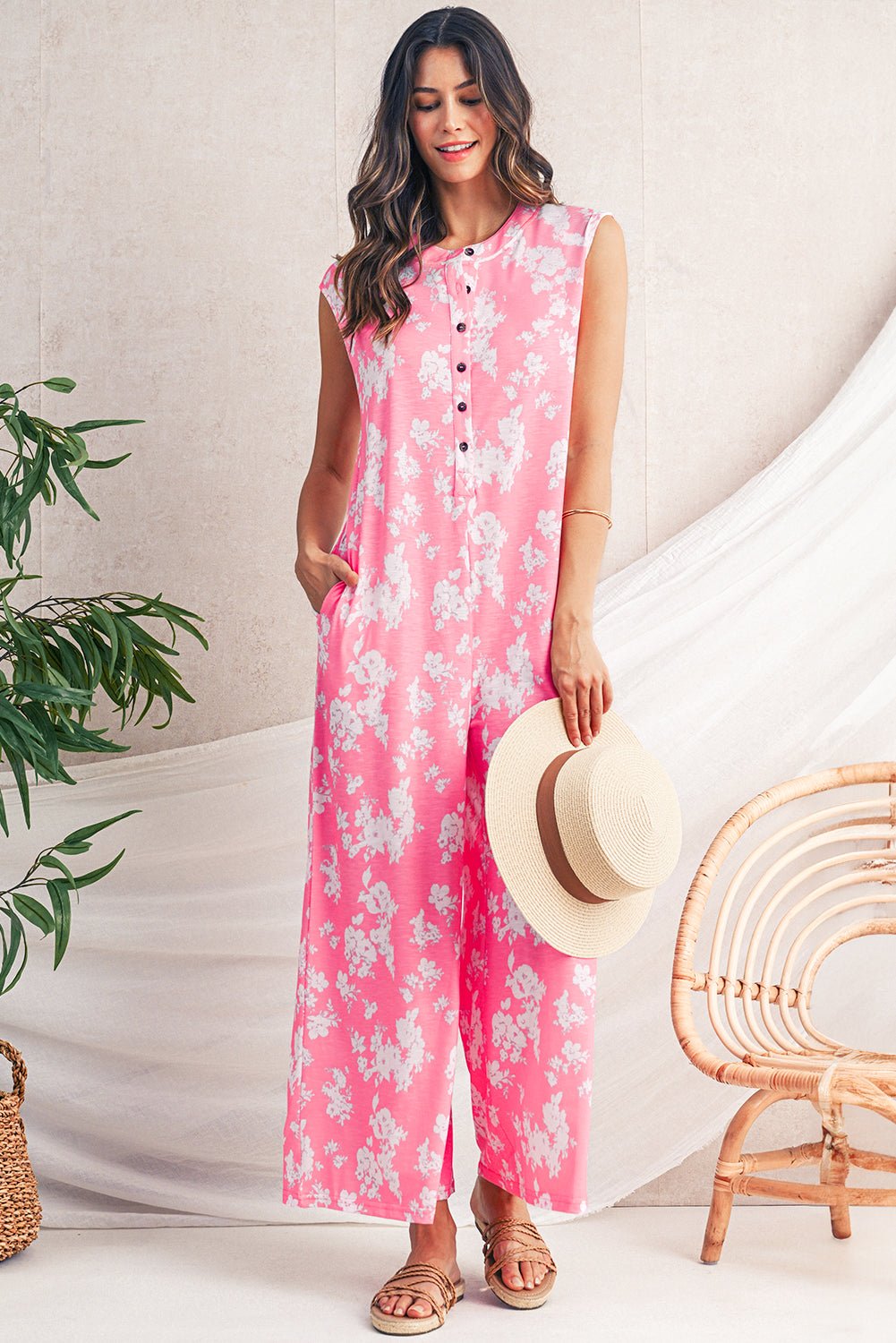 Pink Floral Print Sleeveless Wide Leg Jumpsuit - MAD RUFFI