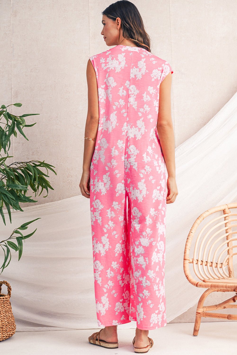Pink Floral Print Sleeveless Wide Leg Jumpsuit - MAD RUFFI