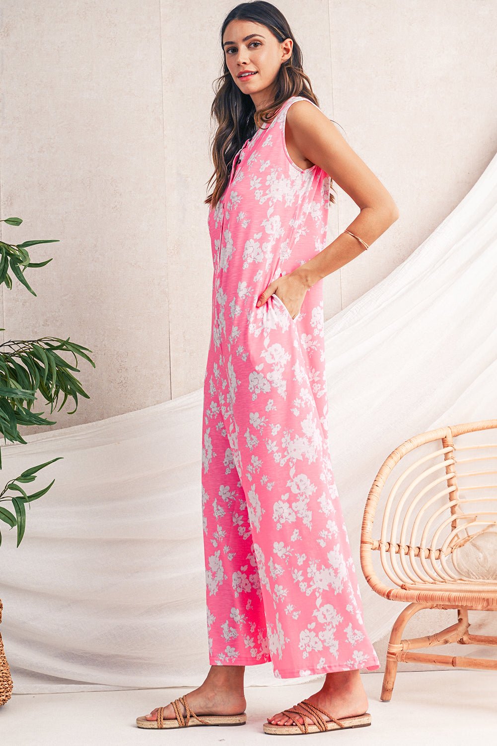 Pink Floral Print Sleeveless Wide Leg Jumpsuit - MAD RUFFI