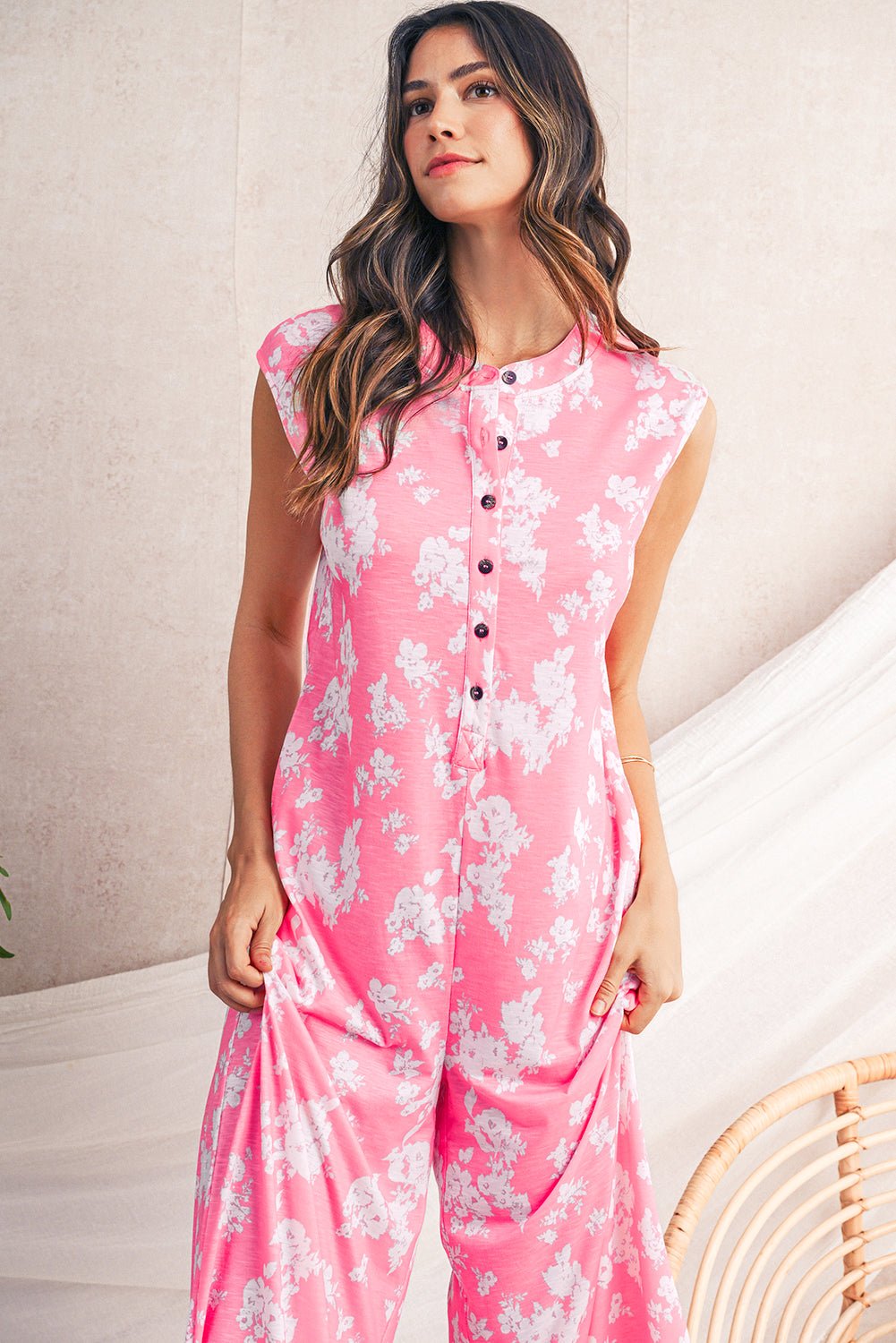 Pink Floral Print Sleeveless Wide Leg Jumpsuit - MAD RUFFI