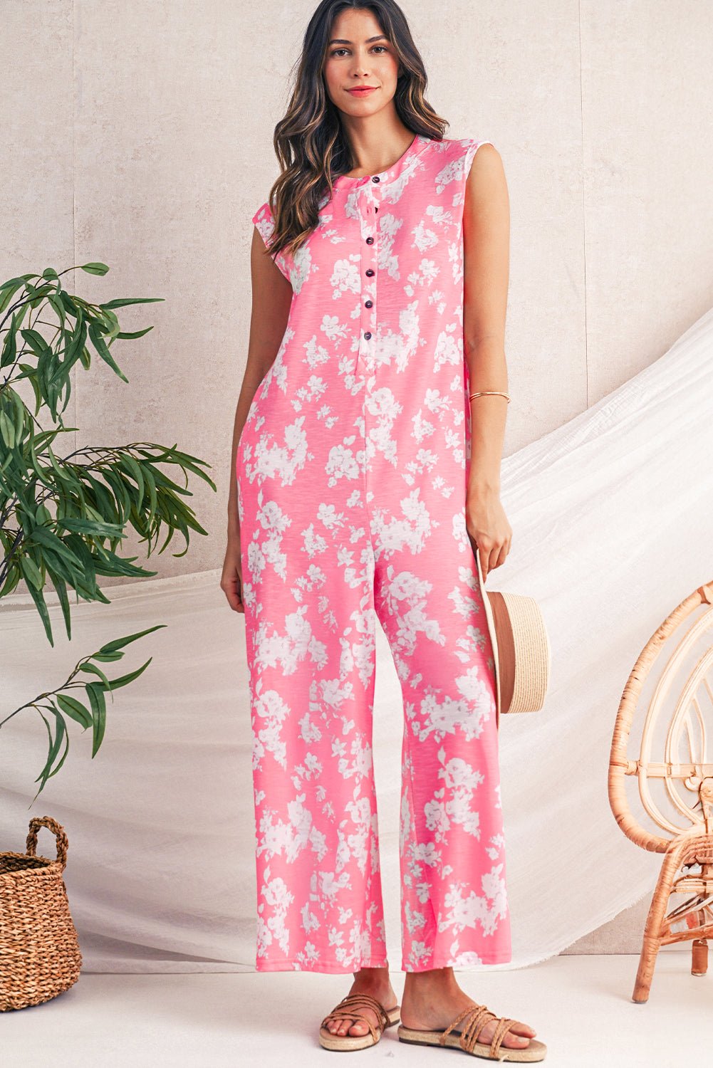 Pink Floral Print Sleeveless Wide Leg Jumpsuit - MAD RUFFI