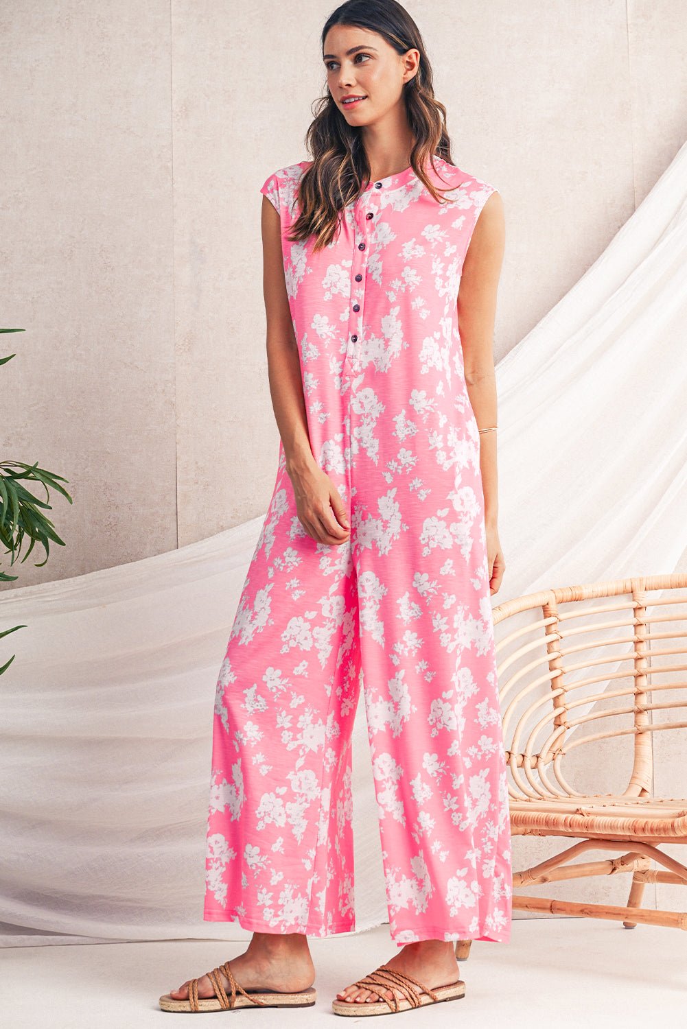 Pink Floral Print Sleeveless Wide Leg Jumpsuit - MAD RUFFI