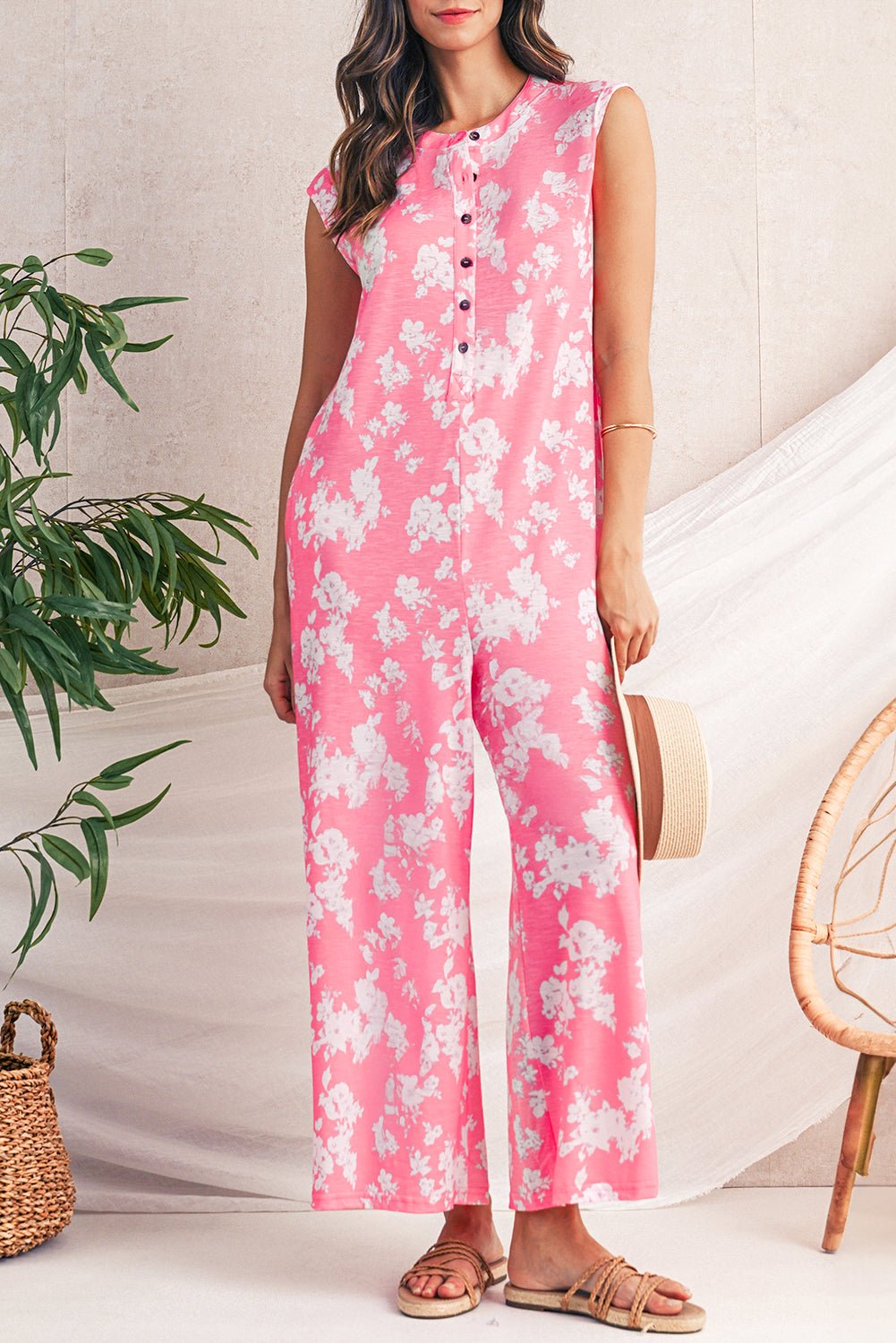Pink Floral Print Sleeveless Wide Leg Jumpsuit - MAD RUFFI