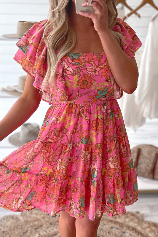 Pink Floral Print Square Neck Ruffle Sleeve Tiered Dress - MAD RUFFI