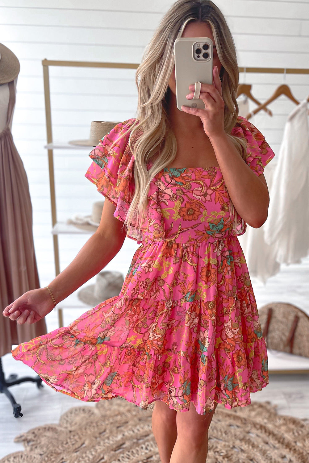 Pink Floral Print Square Neck Ruffle Sleeve Tiered Dress - MAD RUFFI