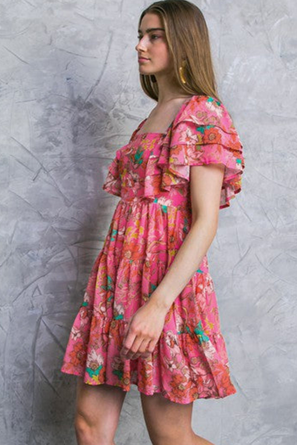 Pink Floral Print Square Neck Ruffle Sleeve Tiered Dress - MAD RUFFI