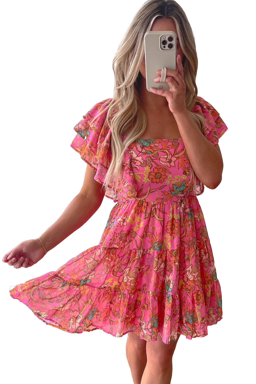 Pink Floral Print Square Neck Ruffle Sleeve Tiered Dress - MAD RUFFI