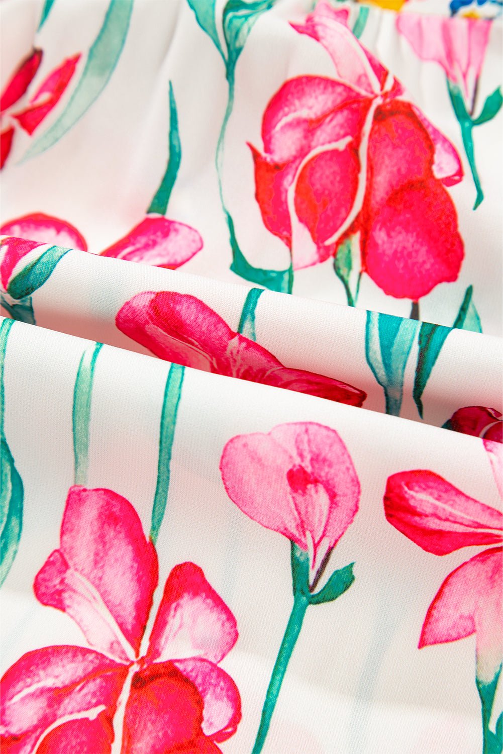 Pink Floral Print Striped Detail Split Neck Short Sleeve Blouse - MAD RUFFI