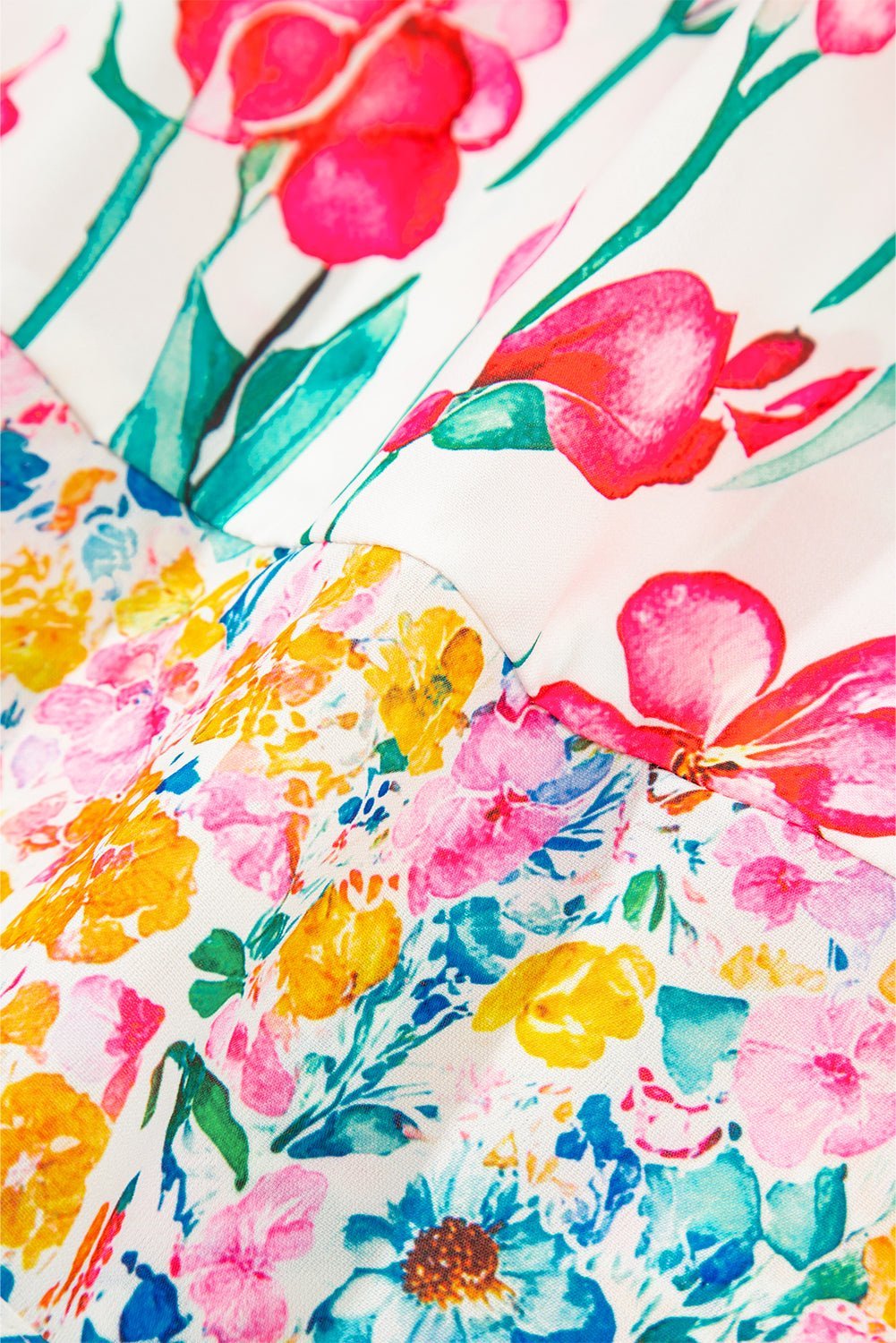 Pink Floral Print Striped Detail Split Neck Short Sleeve Blouse - MAD RUFFI