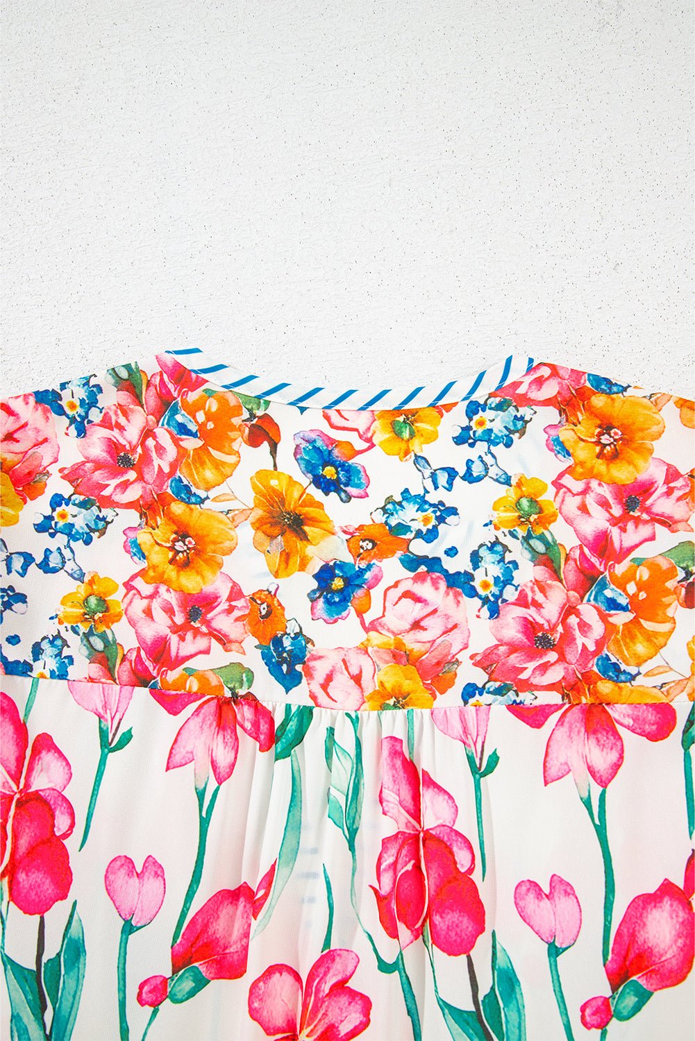 Pink Floral Print Striped Detail Split Neck Short Sleeve Blouse - MAD RUFFI