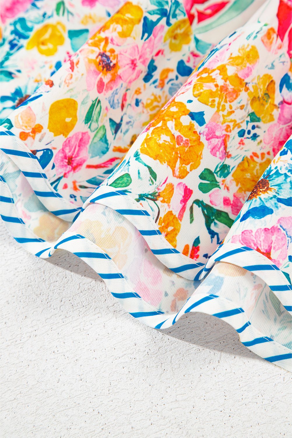 Pink Floral Print Striped Detail Split Neck Short Sleeve Blouse - MAD RUFFI