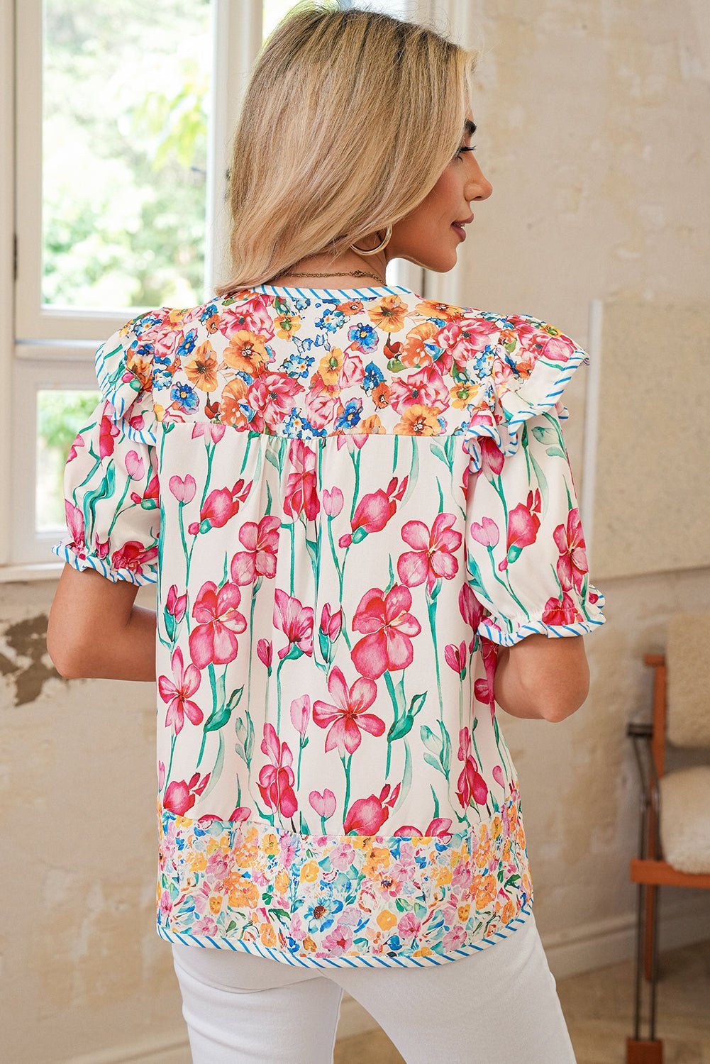 Pink Floral Print Striped Detail Split Neck Short Sleeve Blouse - MAD RUFFI