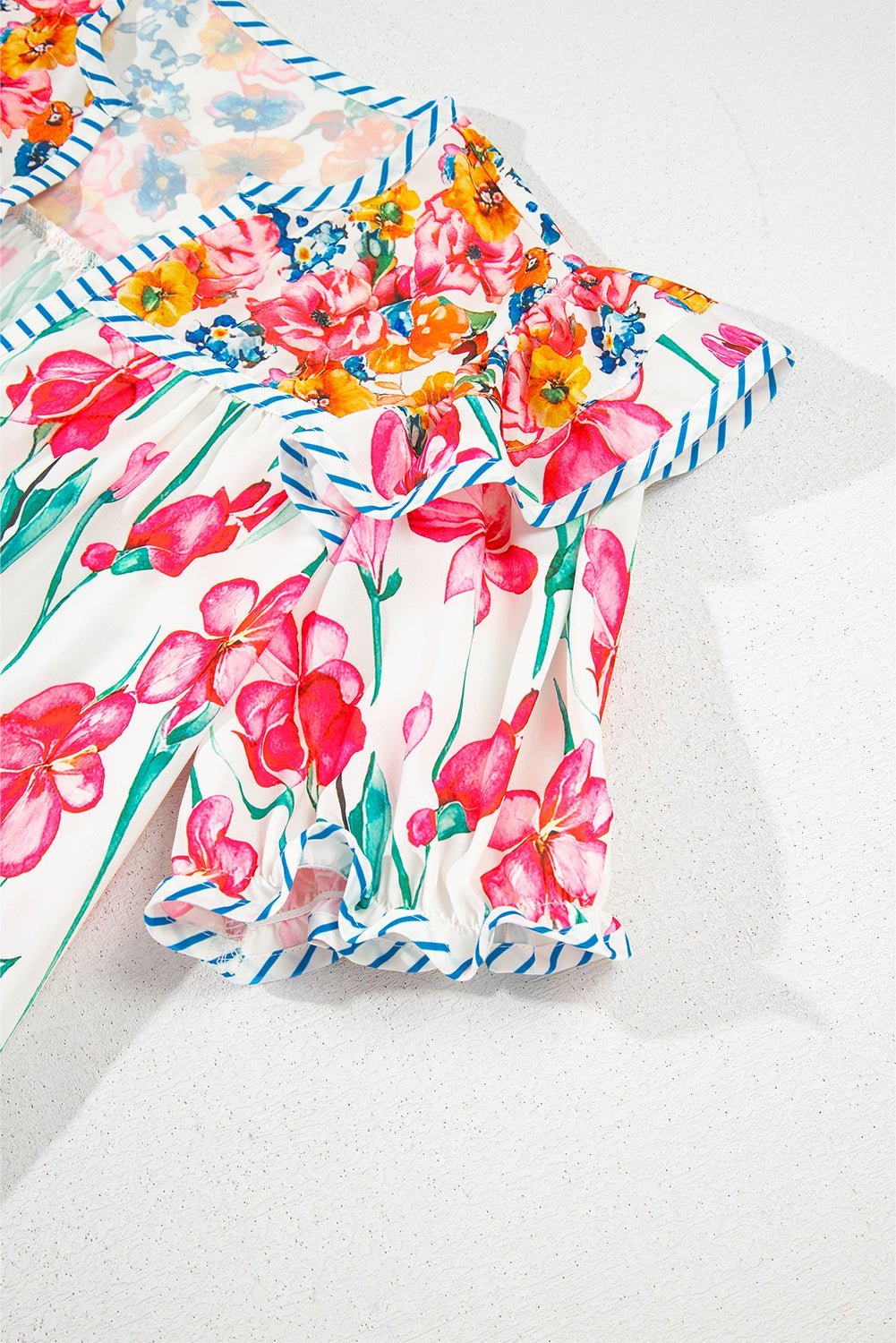 Pink Floral Print Striped Detail Split Neck Short Sleeve Blouse - MAD RUFFI