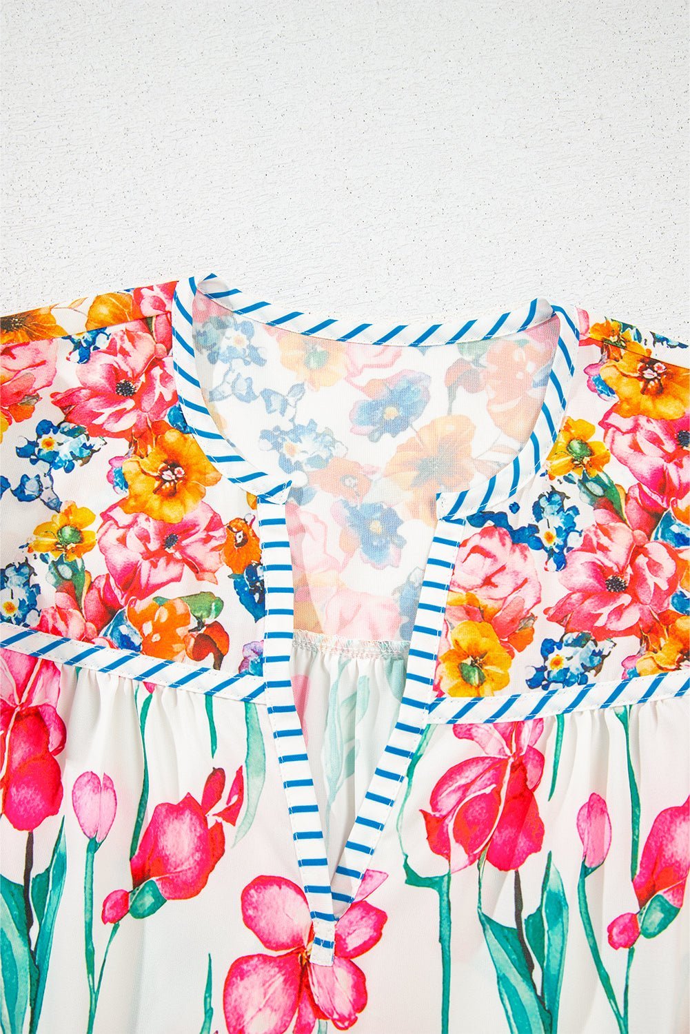 Pink Floral Print Striped Detail Split Neck Short Sleeve Blouse - MAD RUFFI