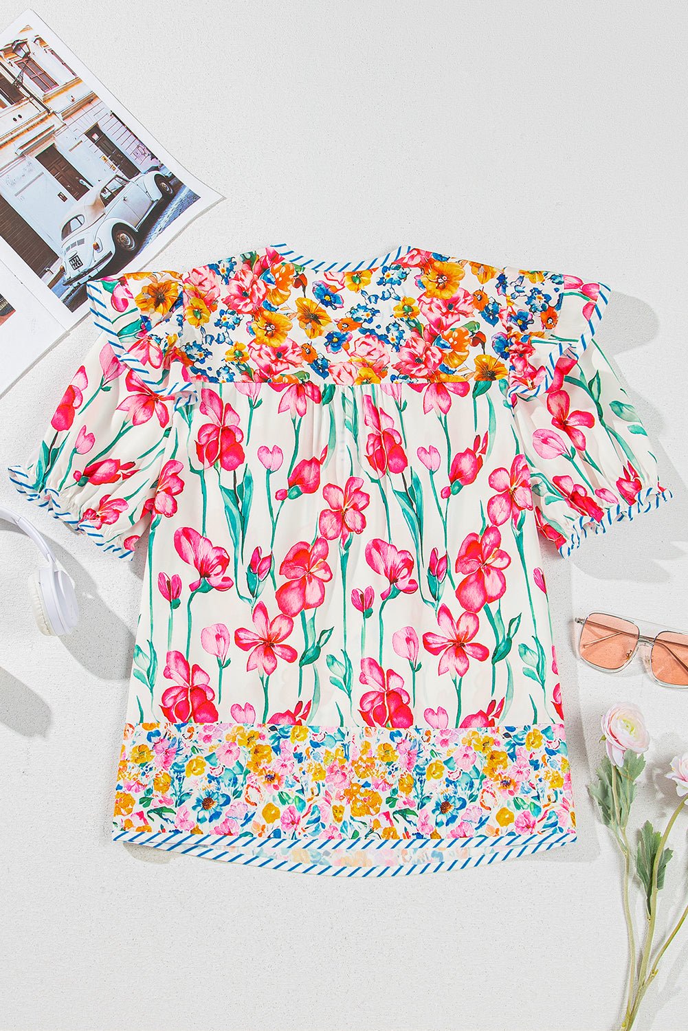 Pink Floral Print Striped Detail Split Neck Short Sleeve Blouse - MAD RUFFI