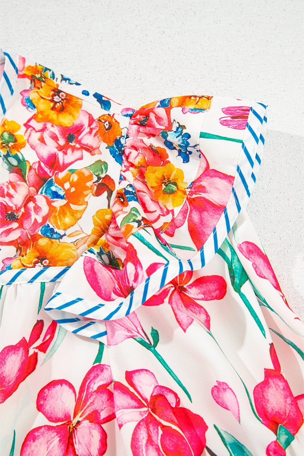 Pink Floral Print Striped Detail Split Neck Short Sleeve Blouse - MAD RUFFI