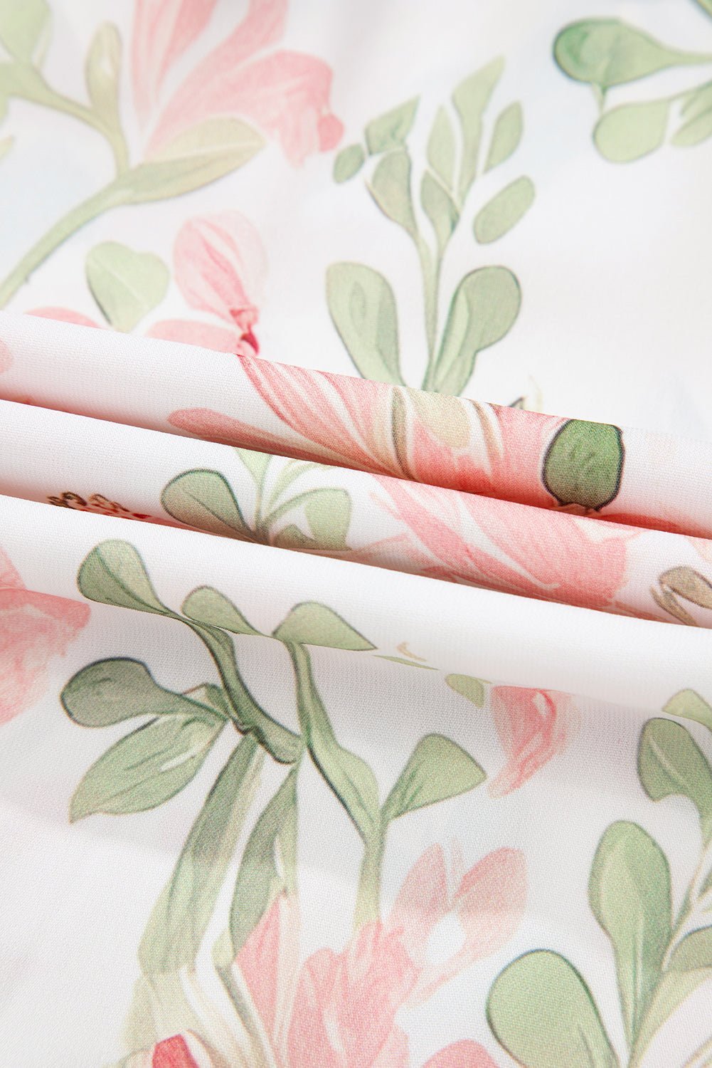 Pink Floral Print Striped Detail Tiered Ruffle Sleeve V Neck Blouse - MAD RUFFI