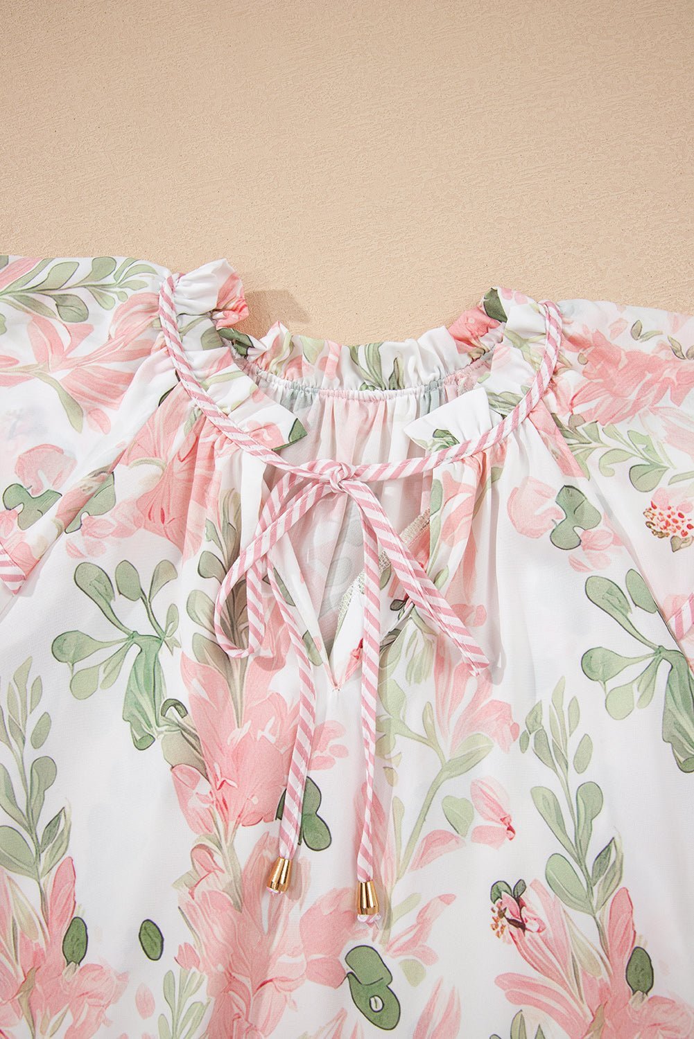 Pink Floral Print Striped Detail Tiered Ruffle Sleeve V Neck Blouse - MAD RUFFI