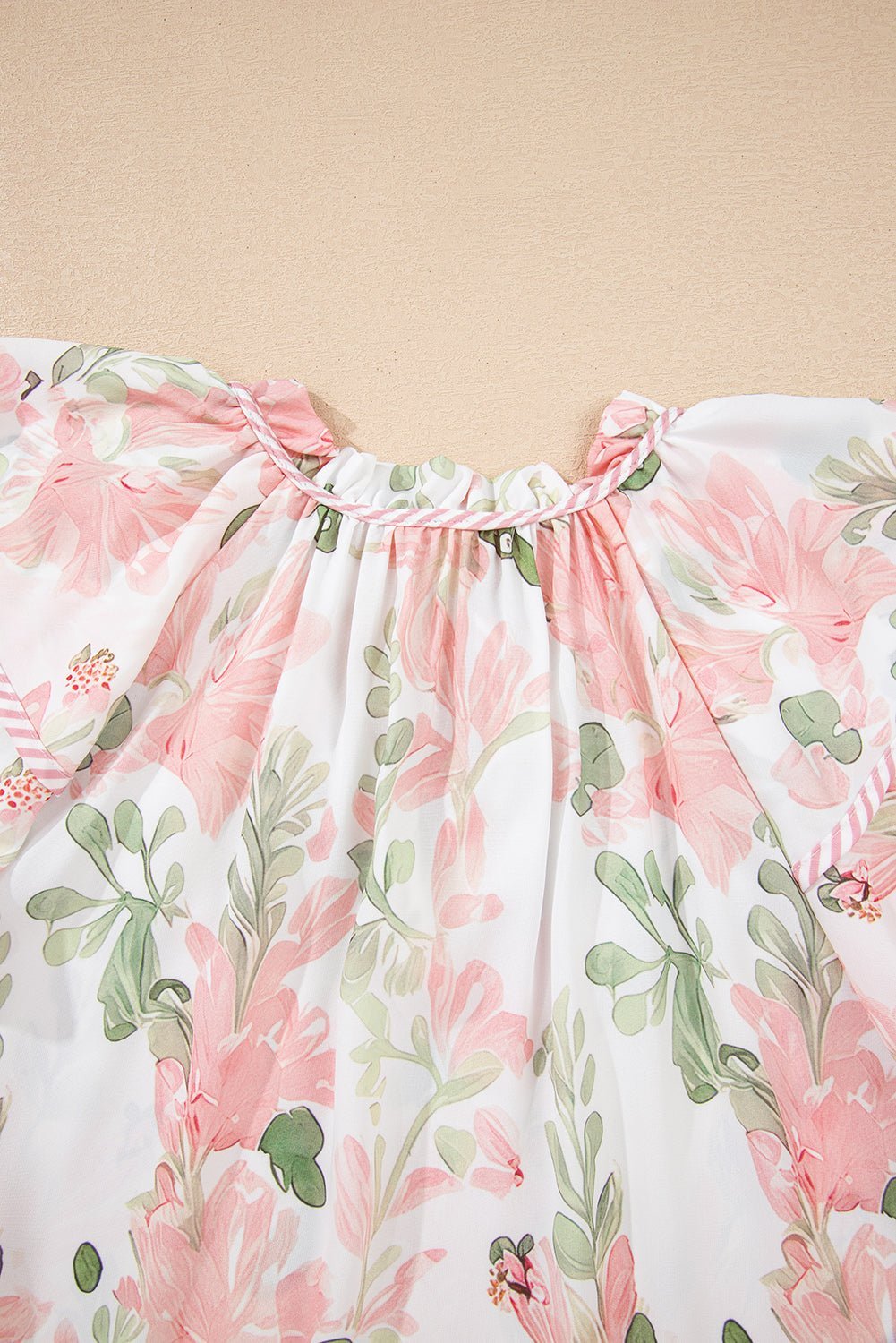 Pink Floral Print Striped Detail Tiered Ruffle Sleeve V Neck Blouse - MAD RUFFI