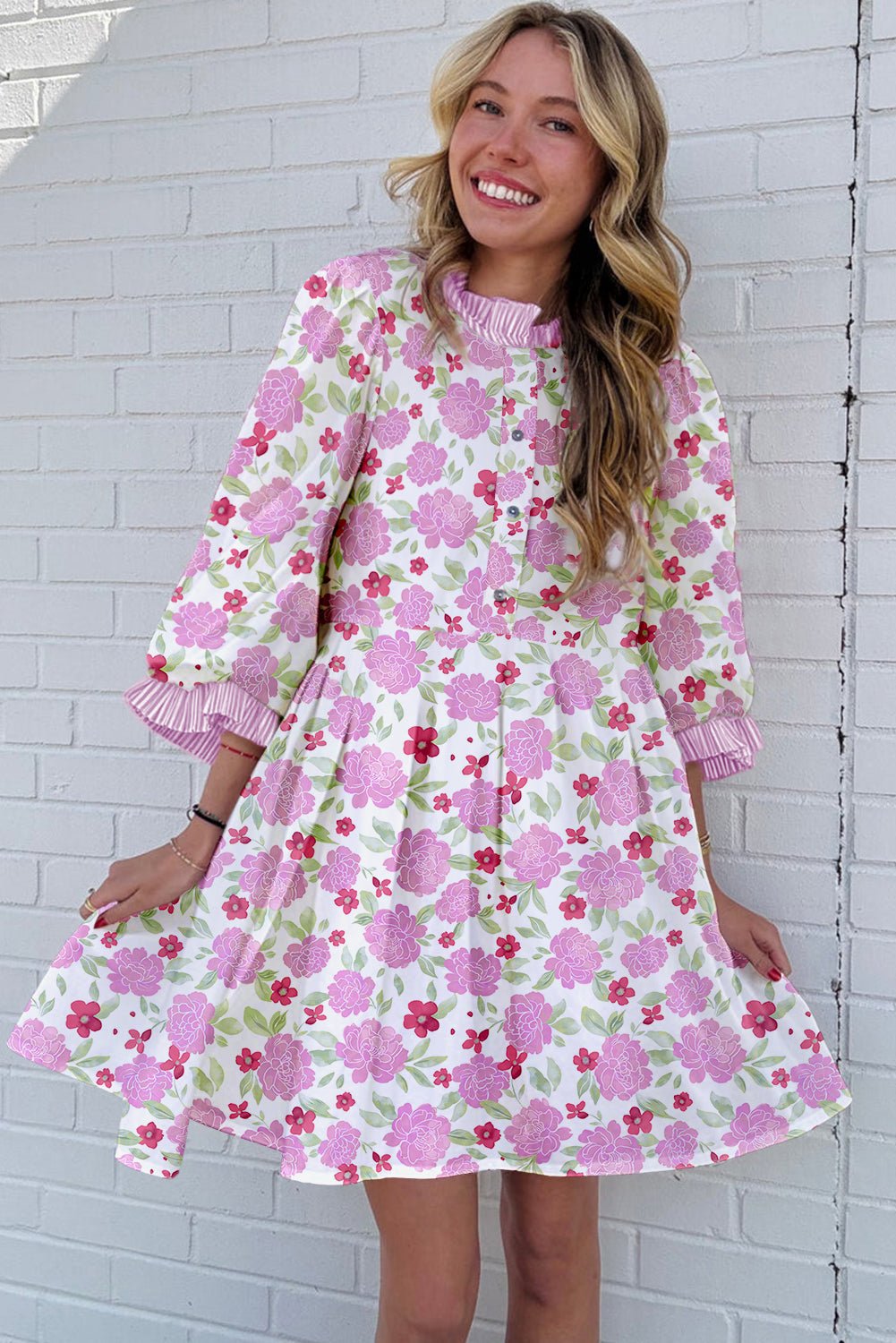 Pink Floral Print Striped Trim Flowy Mini Dress Pink Floral Print Striped Trim Flowy Mini Dress