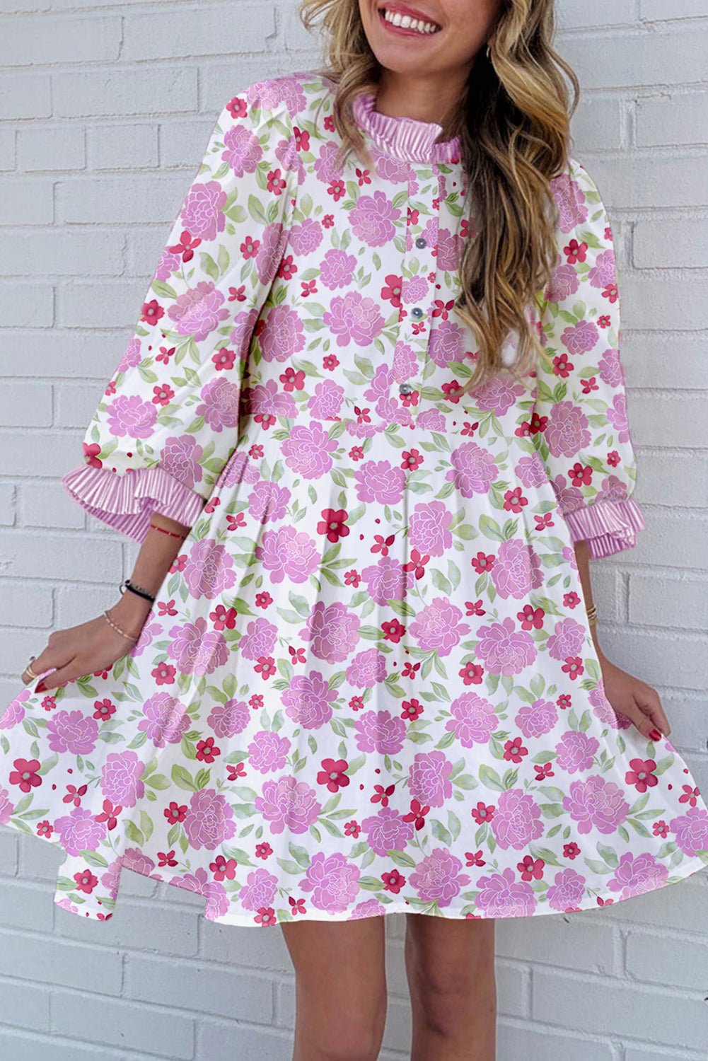 Pink Floral Print Striped Trim Flowy Mini Dress - MAD RUFFI Pink Floral Print Striped Trim Flowy Mini Dress - MAD RUFFI